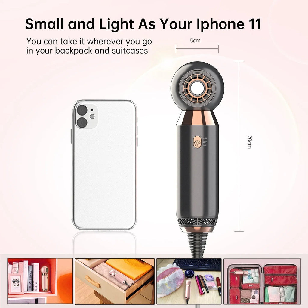 Leafless handheld hairdryer with foldable handle showing speed settings and nozzle
