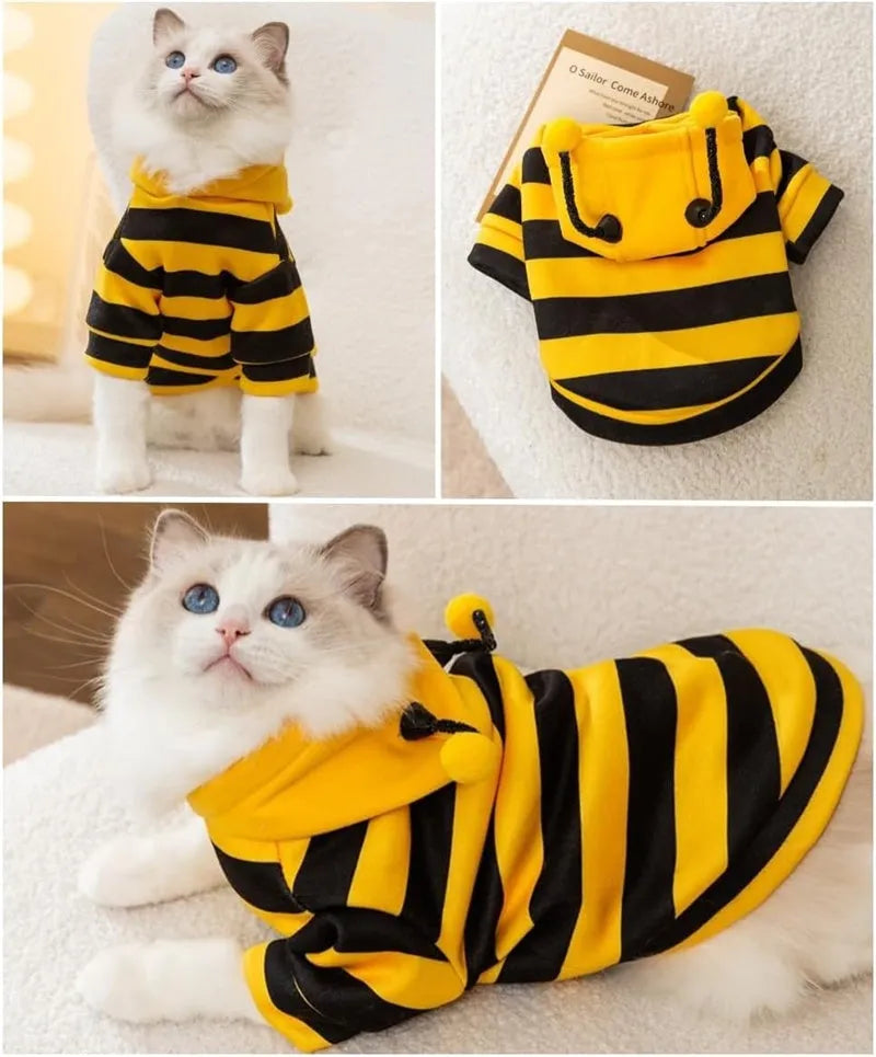 Yellow black bee stripe pet hoodie with flexible antennae on hood and belt hook on back, for dogs and cats