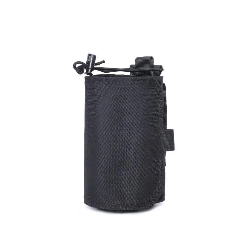 Adjustable outdoor bottle cover for thermal flasks in oxford cloth, shown in black.