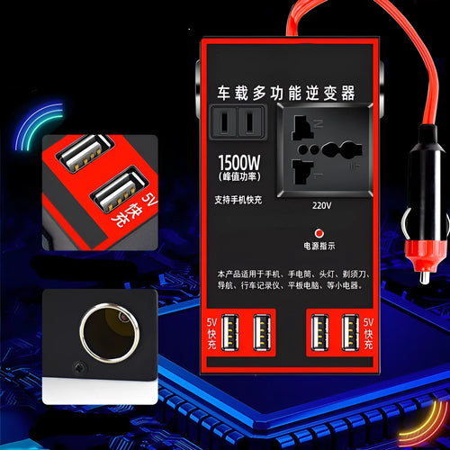 Black car power converter converting 12V/24V to 220V with socket and USB ports