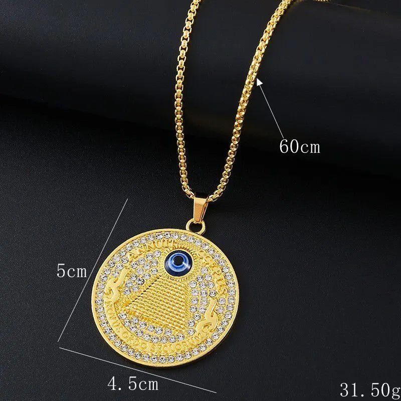 Gold geometric alloy pendant necklace with inlaid diamond-treated zirconia stones.