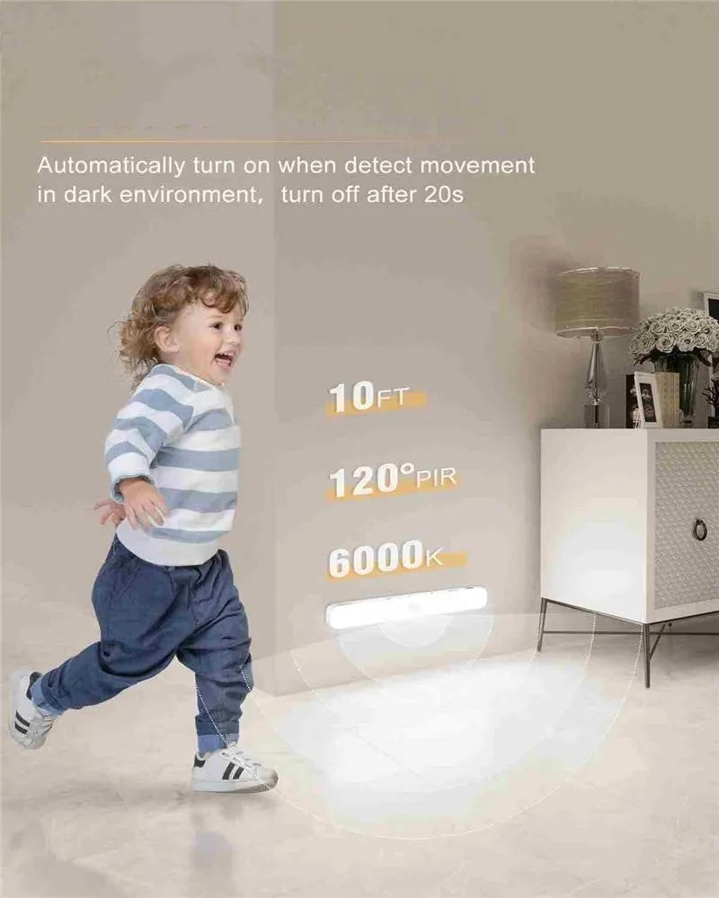 White motion sensor cabinet light with battery display screen, adjustable length 1m to 5m