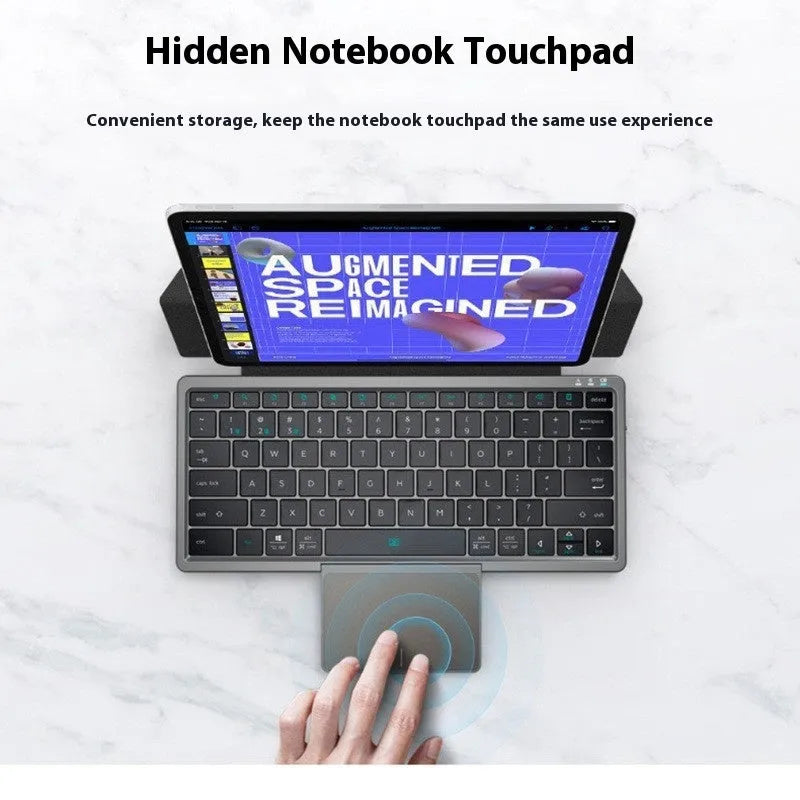 Three-in-one wireless Bluetooth keyboard with touch pad, leather sheath, and adjustable stand for tablets and mobile phones