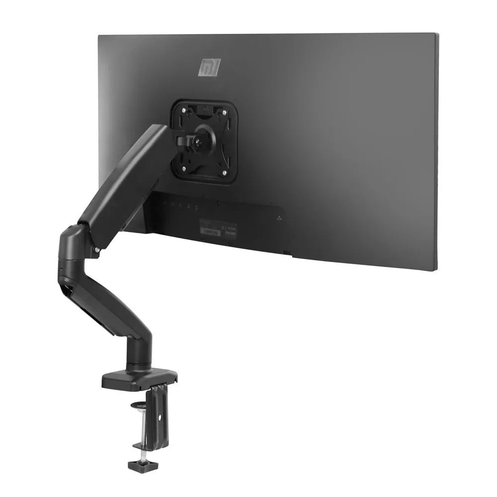Black table-style LCD screen bracket showing height adjustment and rotation features for monitor mounting