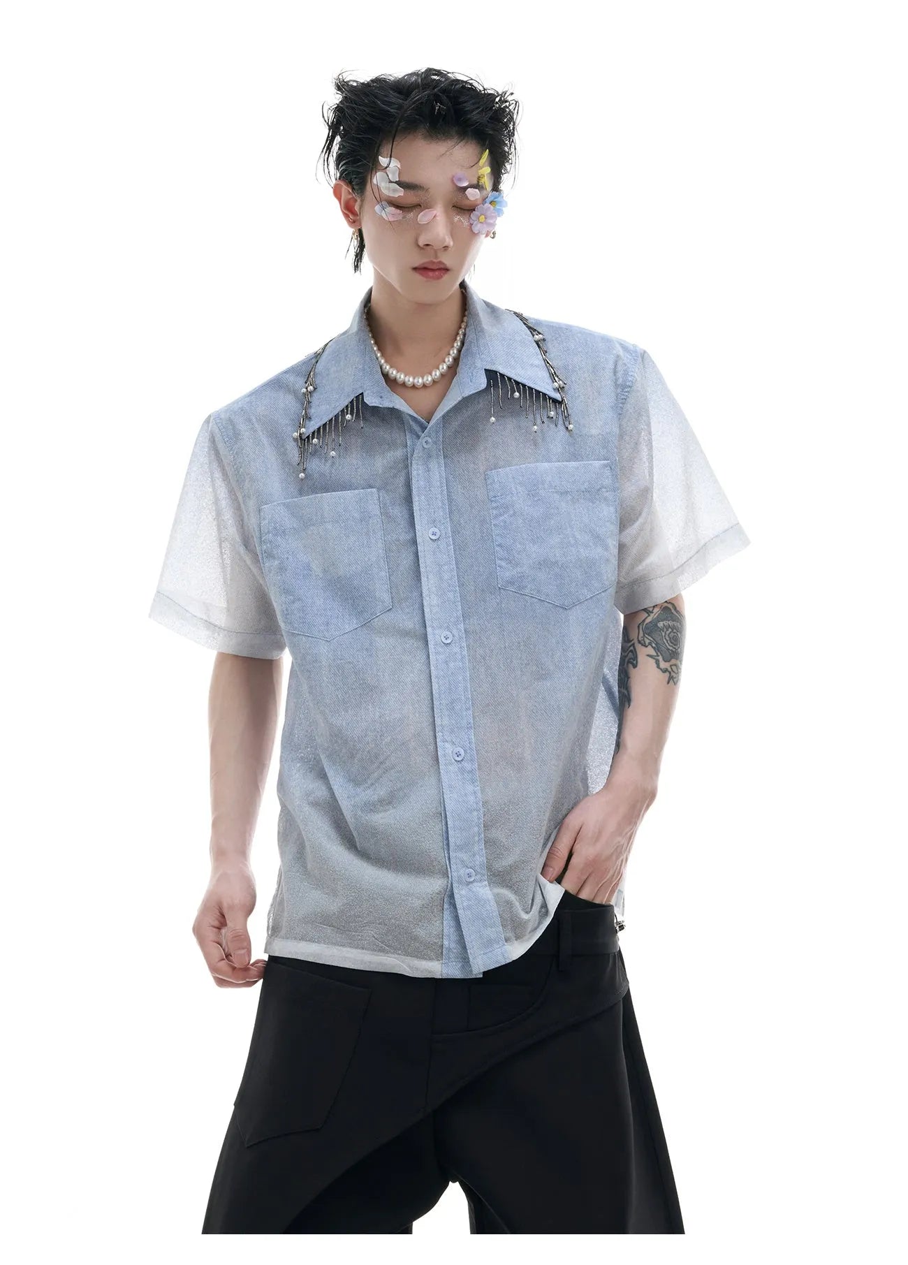 Men's loose fit blue and white gradient short sleeve shirt on hanger
