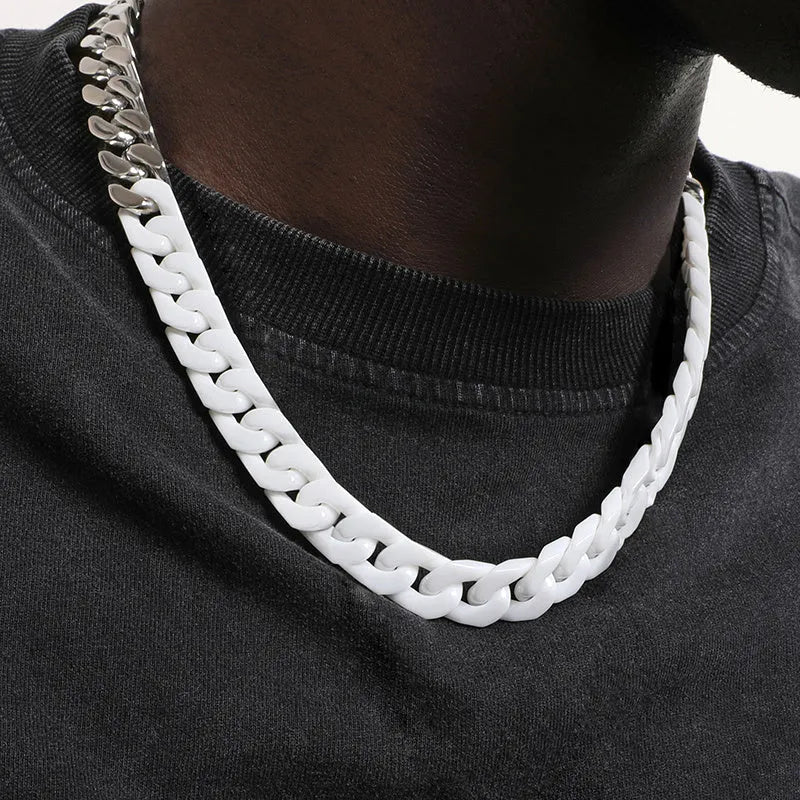 13mm unisex ceramic chain necklace in 45cm and 50cm lengths with white, black, and titanium steel options
