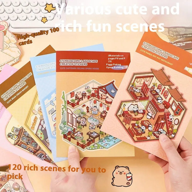 Miniature scene collection children's landscape sticker book with cartoon PET stickers and sticker collection book