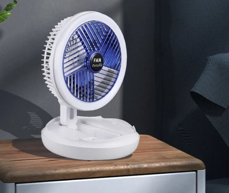 Blue foldable USB table fan with LED light showing wall mounting and desk placement options