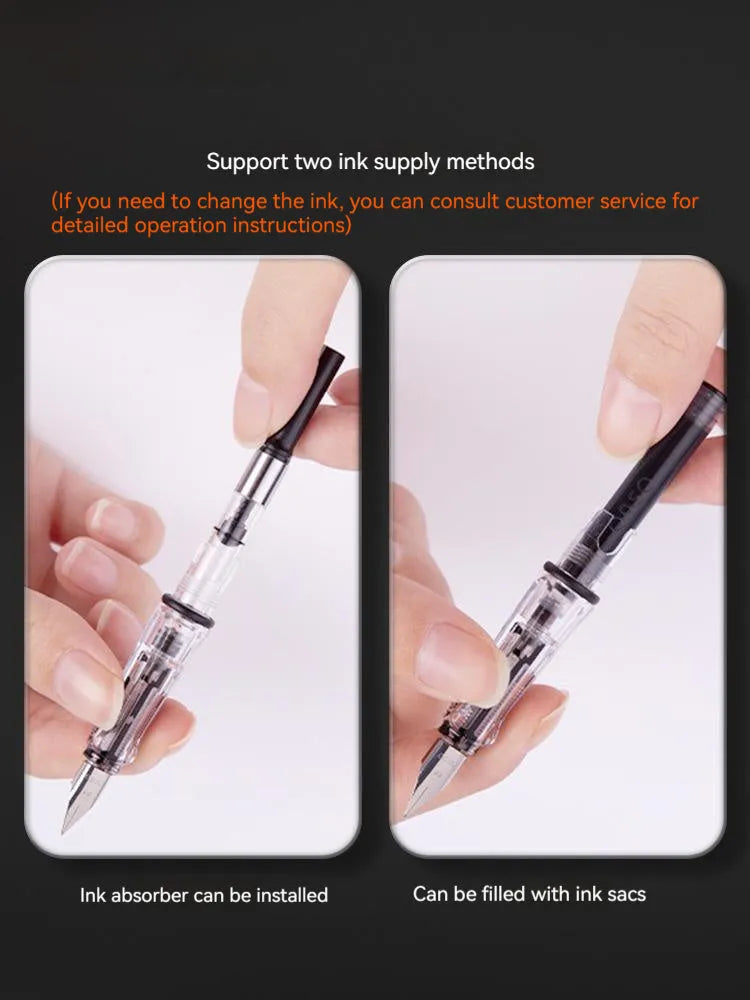 Student automatic suction pen set showing pen, ink feeder, handbag, and manual with 0.38mm and 0.5mm nib options.