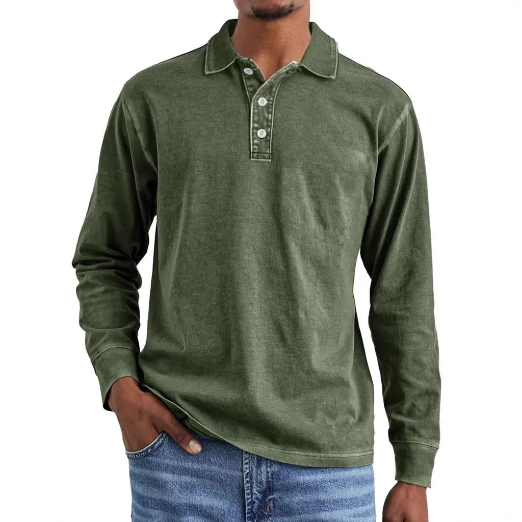 Men's long sleeve lapel polo shirt in washed cotton, shown in Army Green colour.