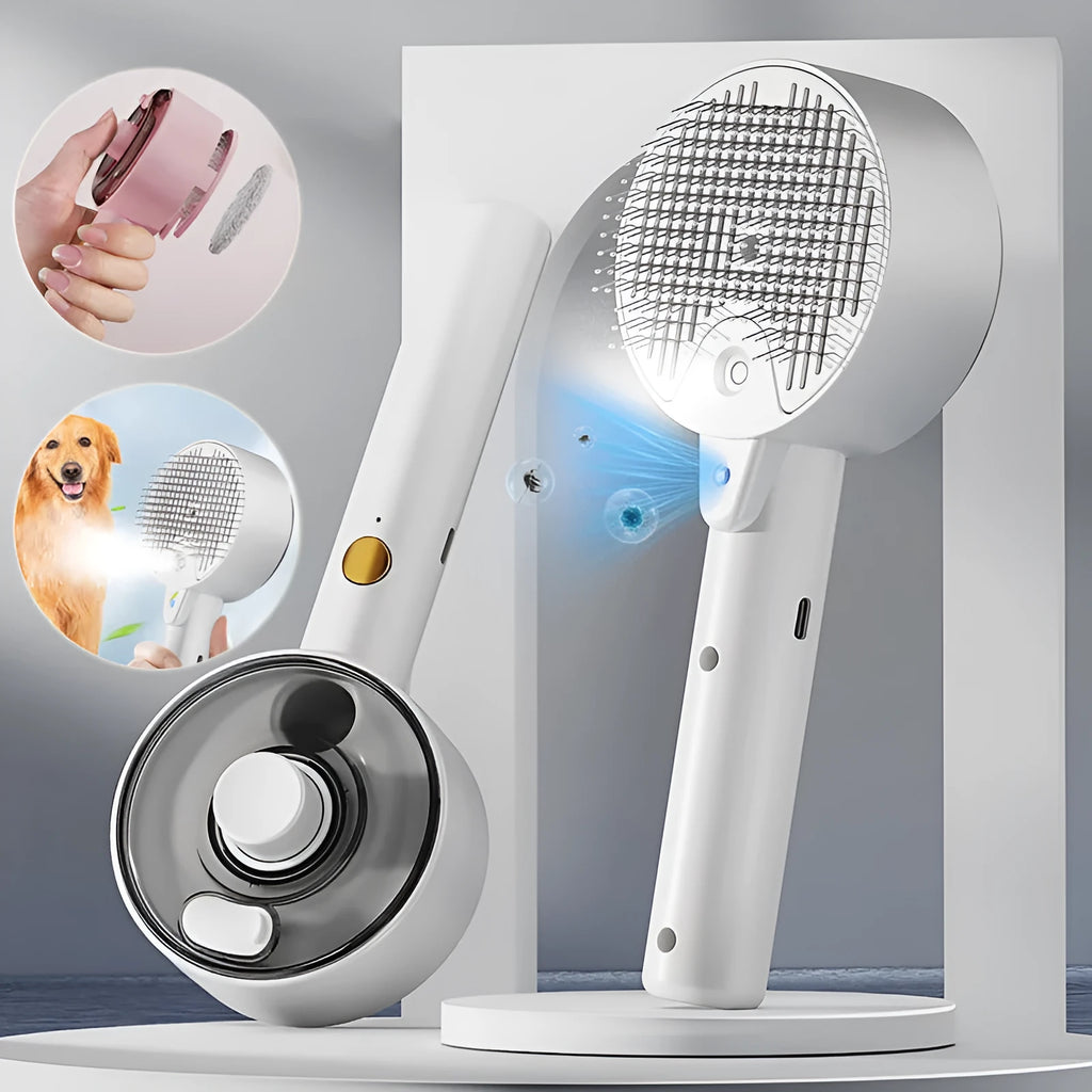 Ceramic white pet grooming comb with UVC light, spray mist tank, and soft needles for dog and cat hair removal.