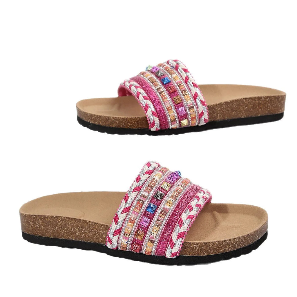 Ethnic style platform slippers with rivet detail, linen upper, PVC sole, round toe, sizes 36-43.