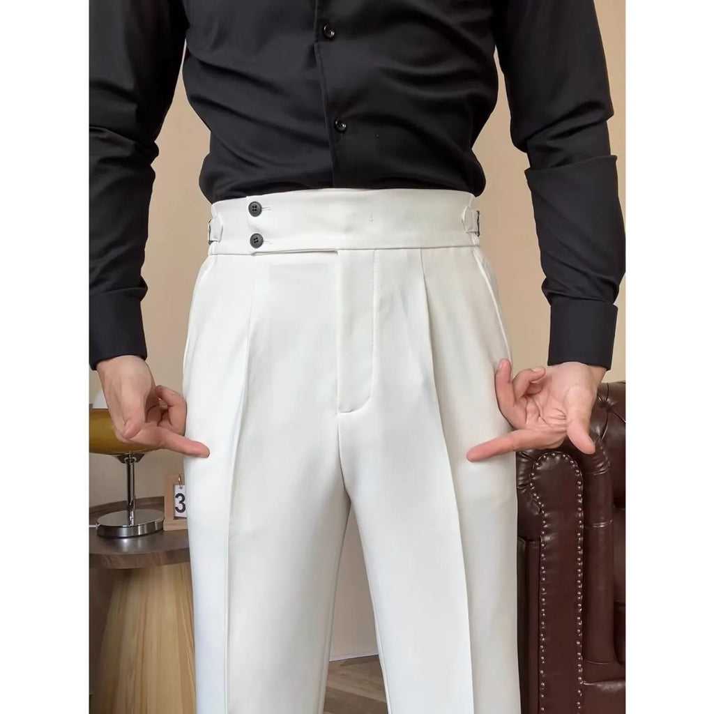 Men's high-waisted straight-leg trousers in black, white, and dark gray polyester blend fabric