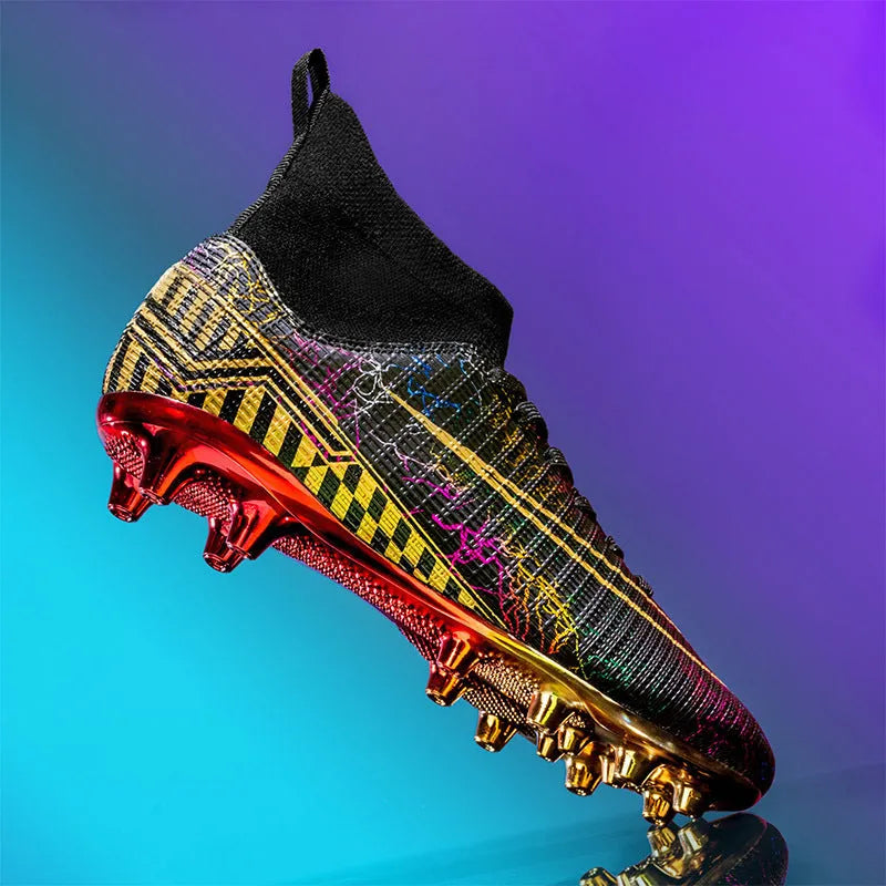 Men's white high-top synthetic leather soccer training shoes with gold plated sole on artificial grass.