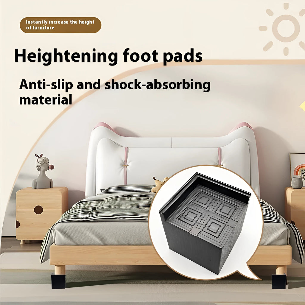 Four black plastic bed foot mats for increasing sofa or furniture height.