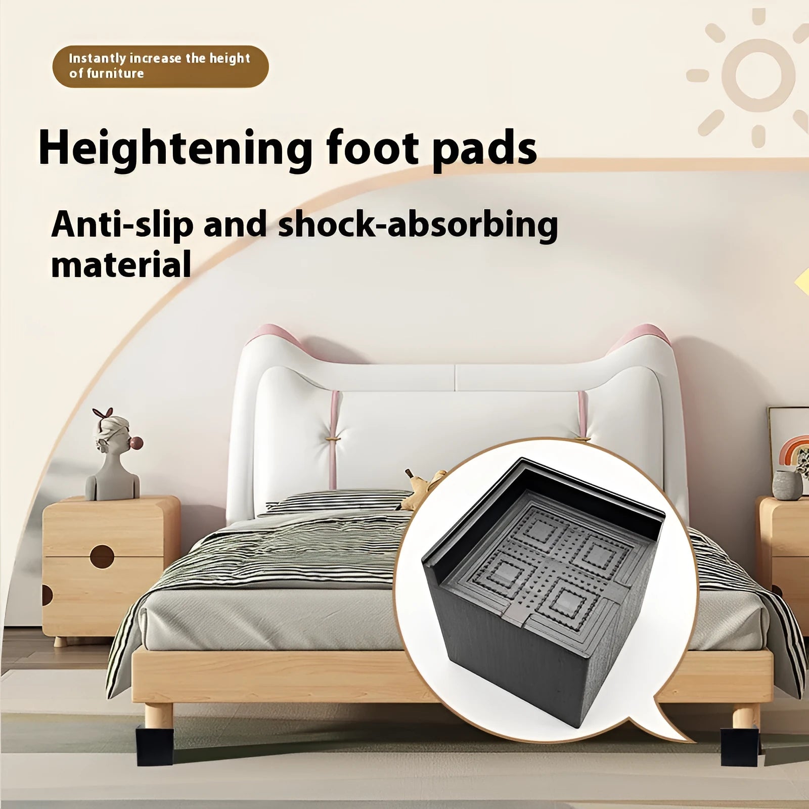 Four black plastic bed foot mats for increasing sofa or furniture height.