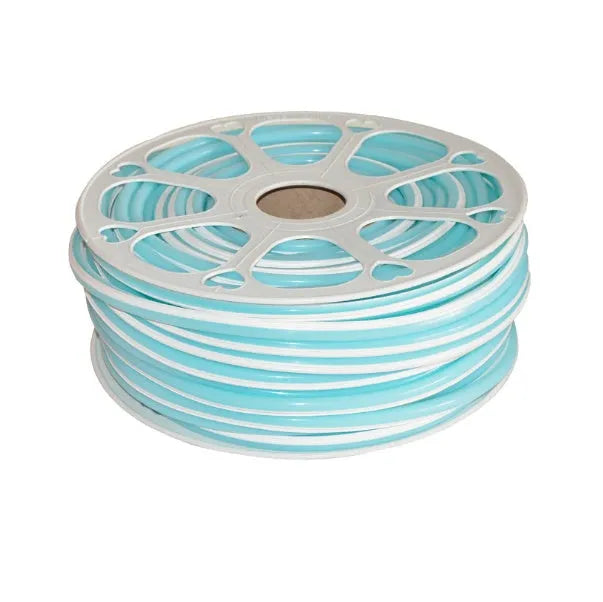 Blue flexible silicone LED neon light strip coiled on a reel showing its 8mm width and pliable texture.