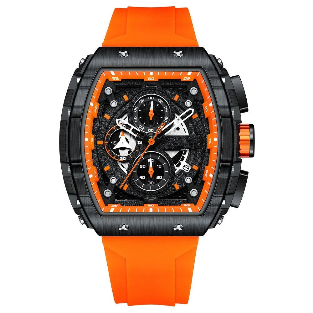 Curved mirror gradient hollow men's quartz watch with calendar, 33.38mm dial, silicone strap, black face