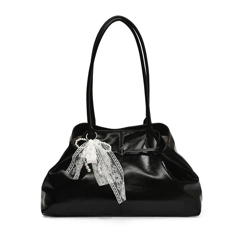 Large capacity horizontal square PU tote shoulder bag in black with double straps and optional pendant