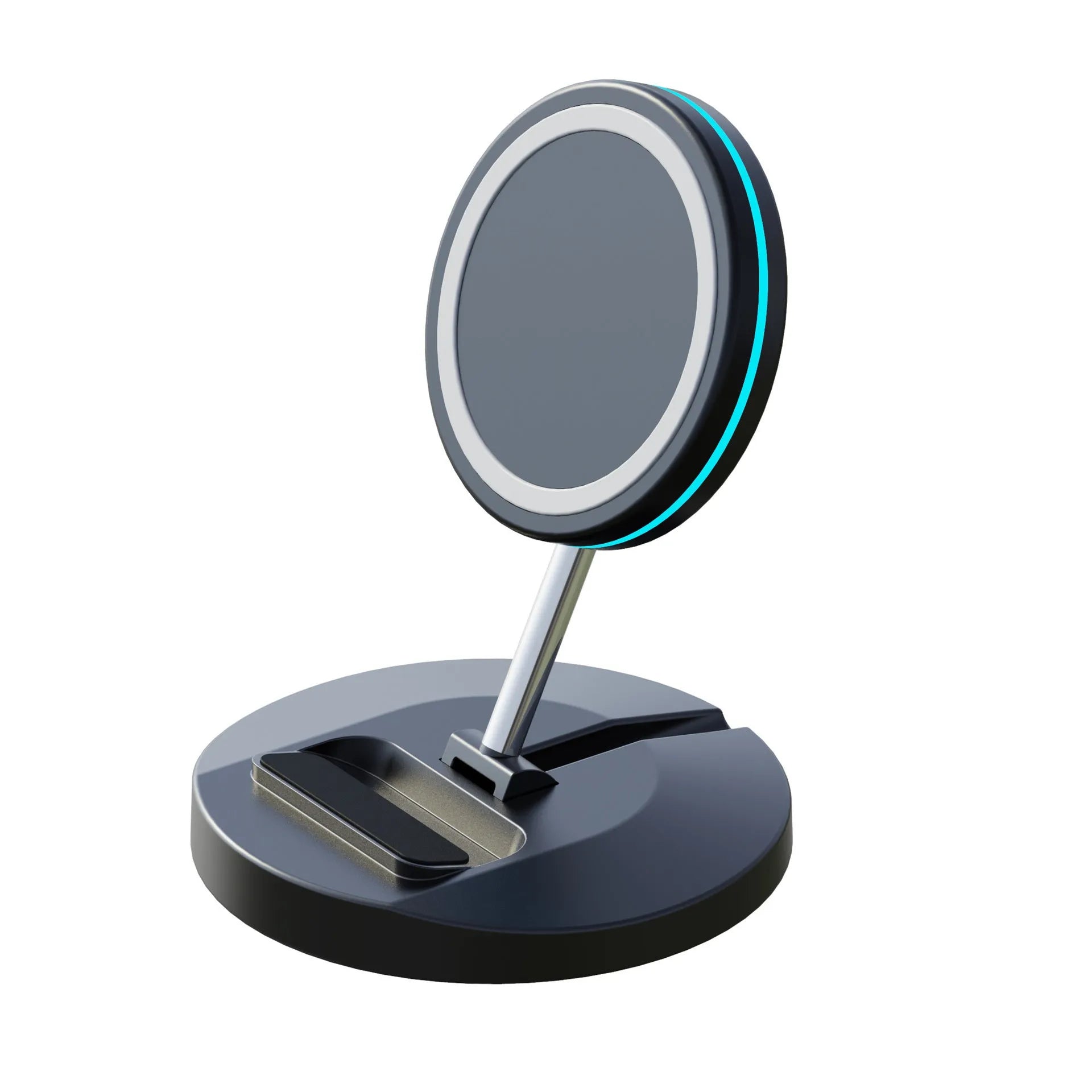 Magnetic wireless charging stand folded and unfolded showing iPhone 12 compatibility and USB connection