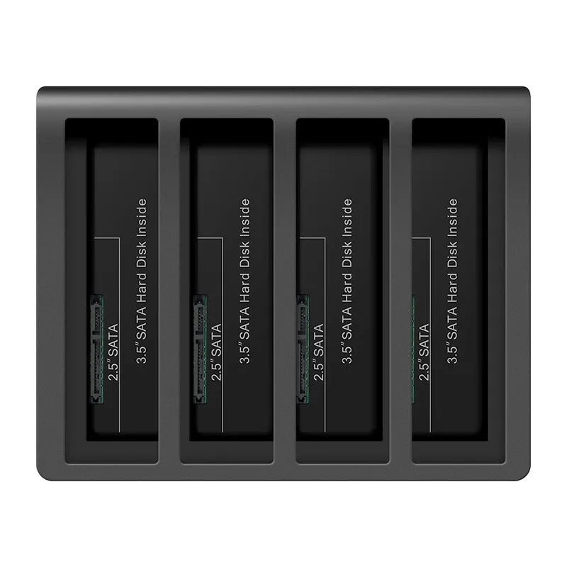 External four-bay hard drive docking station for 2.5-inch drives with cables and power adapter.