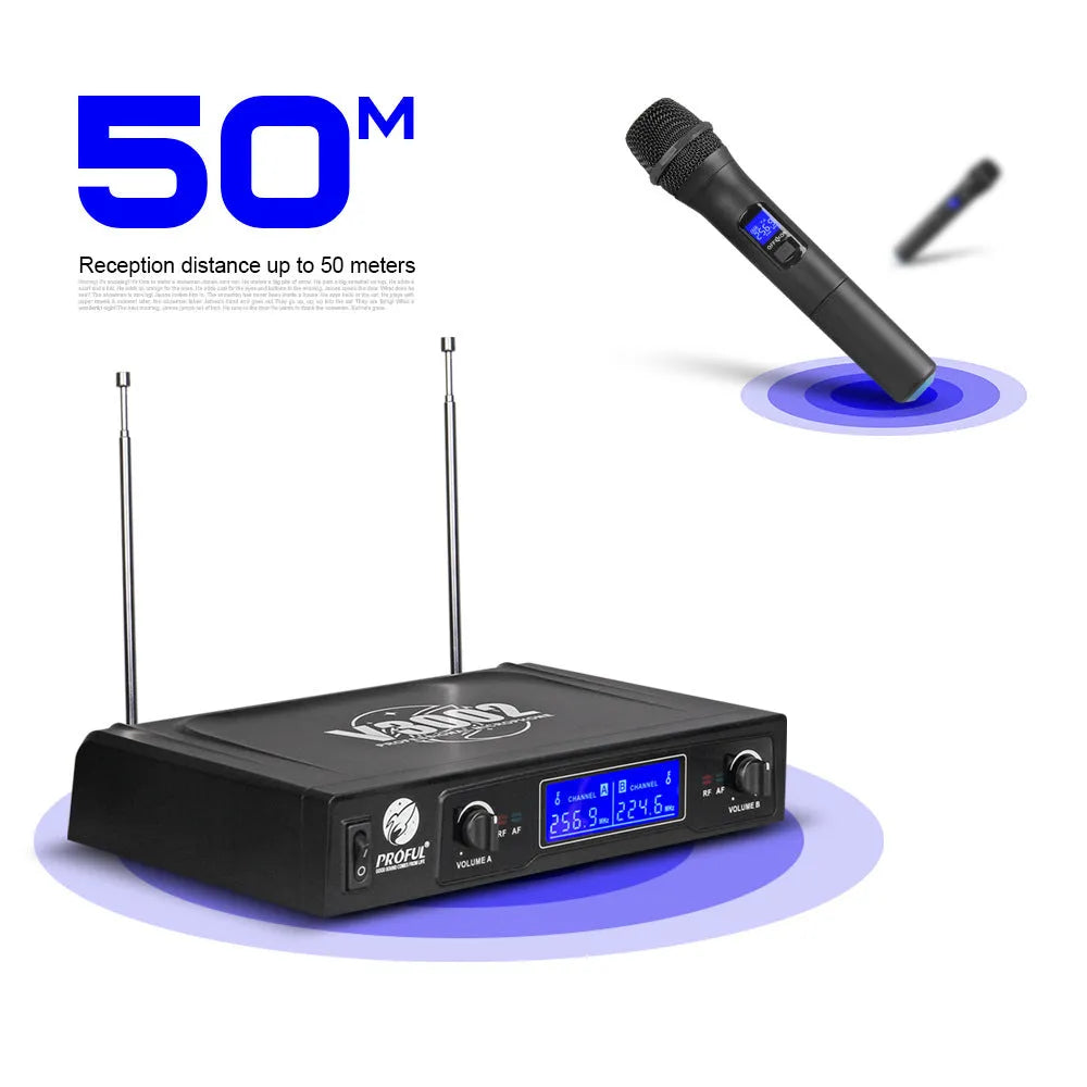 V-3002 wireless handheld microphone system with two black microphones and compact transmitter unit
