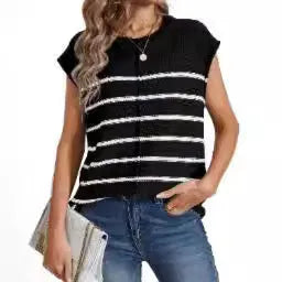 Women's striped sleeveless pullover vest top in acrylic fabric on a hanger.