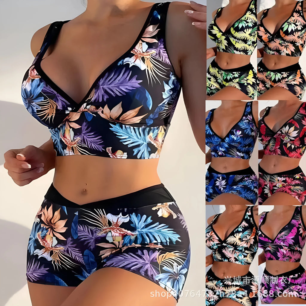 Women's two-piece printed swimsuit set with boxer briefs and sleeveless top