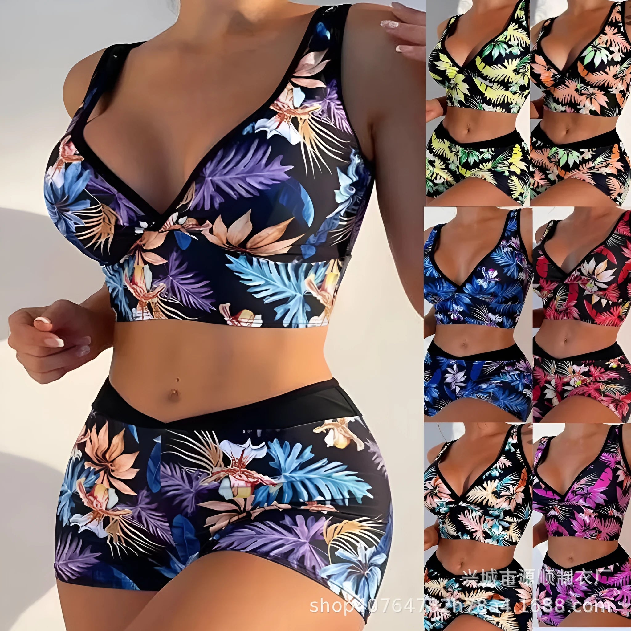 Women's two-piece printed swimsuit set with boxer briefs and sleeveless top