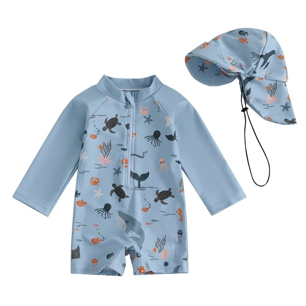 Boys' one-piece swimsuit with hat, long sleeves, polyester, cartoon pattern, light blue