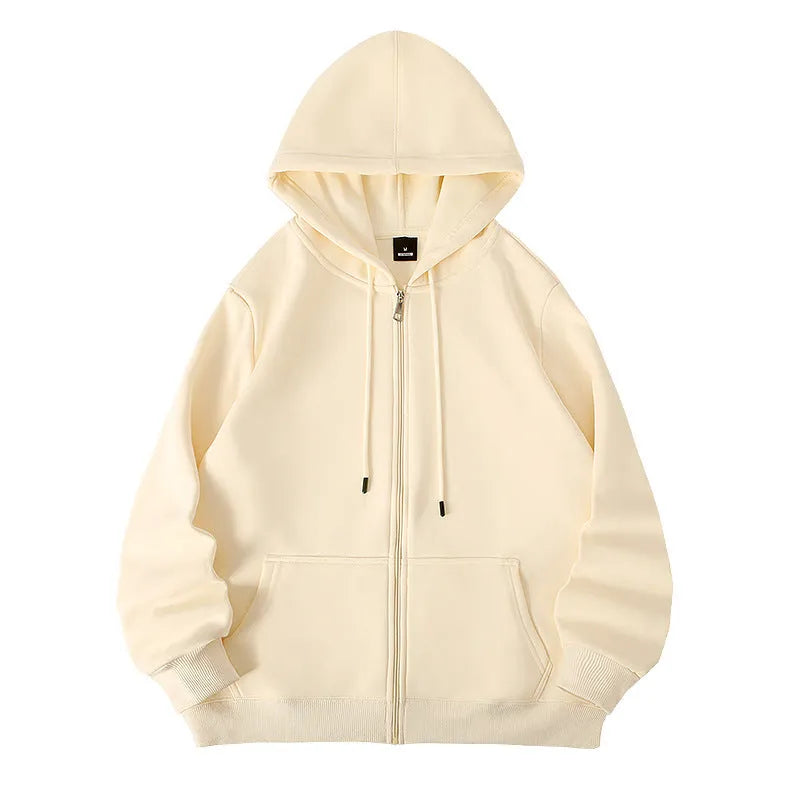 Men's plus size heavyweight zipper hooded sweater cardigan in beige colour showing front zipper and hood