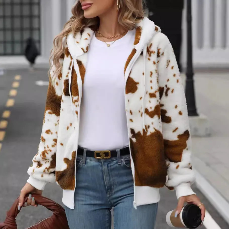 Yellow brown cow animal pattern hooded cardigan jacket with zip front and regular sleeves