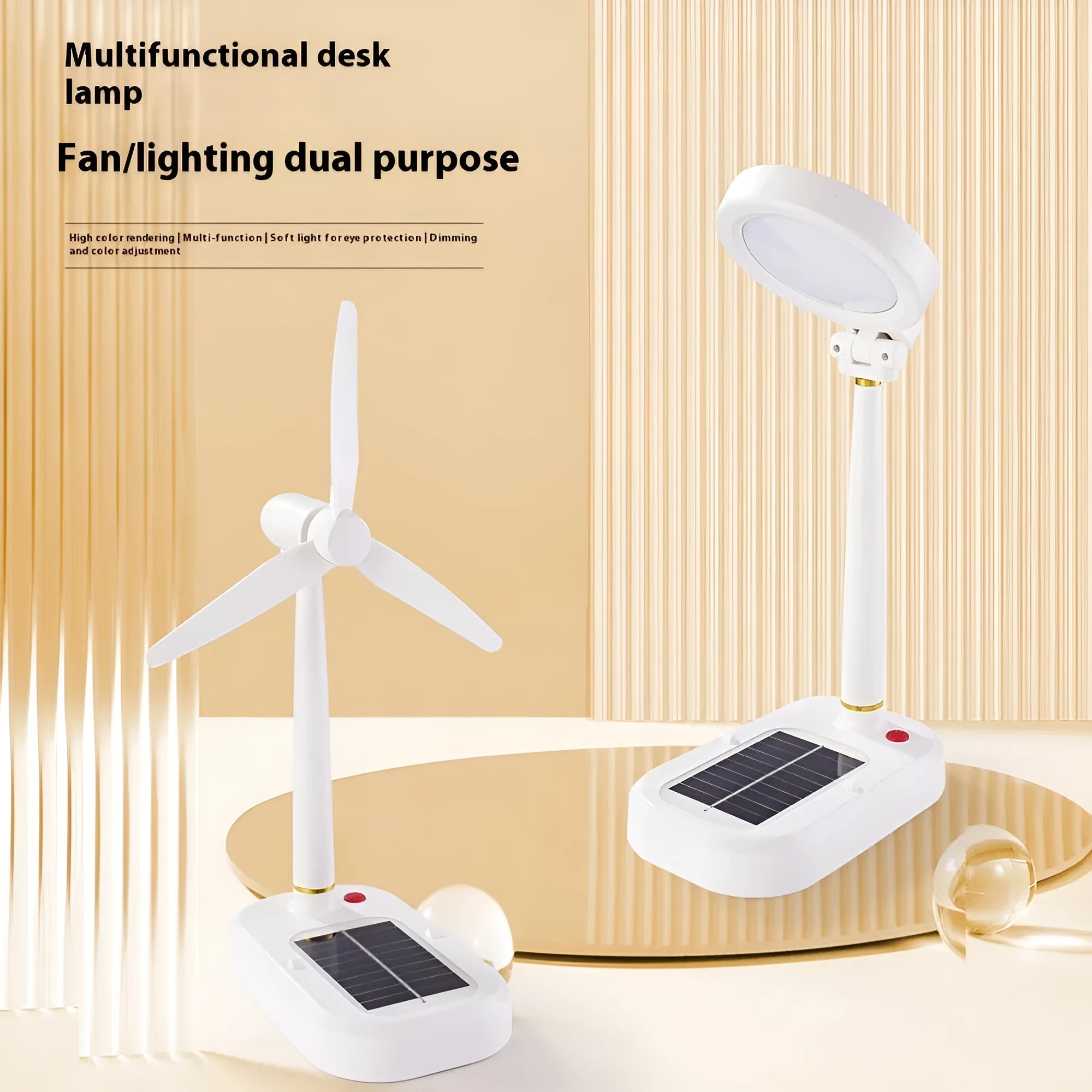 Ivory white solar-powered table fan with integrated LED study lamp on a desk.
