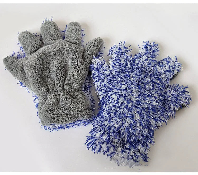 Blue gray fiber plush car washing gloves size 30x27.5 cm