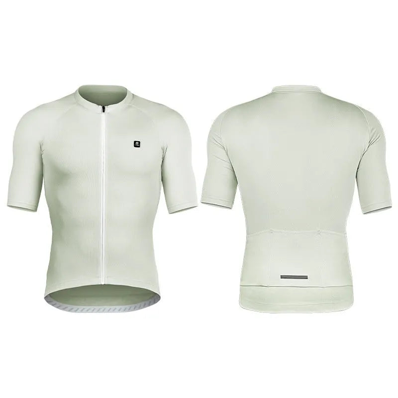 Short-sleeve cycling jersey top in polyester with moisture wicking for mountain and highway bike rides