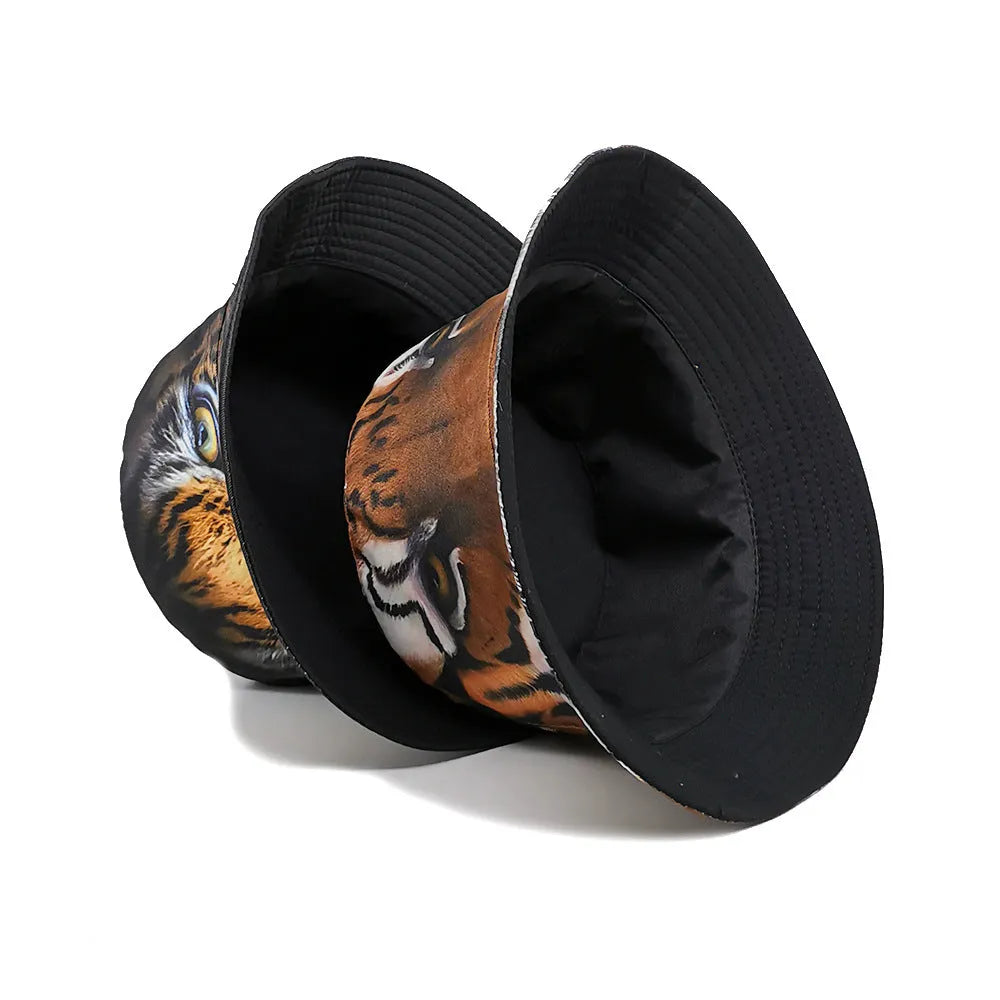 Tiger pattern bucket hat with dome crown in khaki animal print on polyester fabric