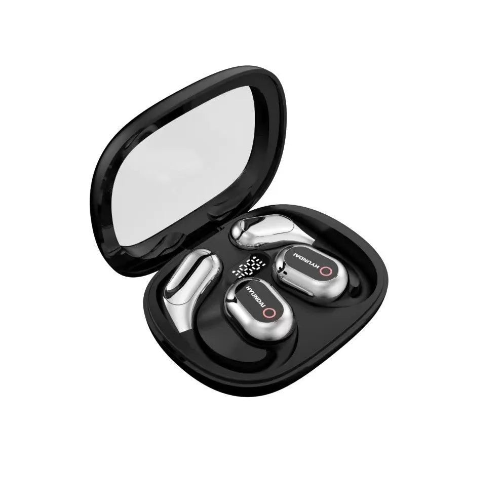 Black Bluetooth noise reduction headset with AI interpretation, ear hook design, and touch controls