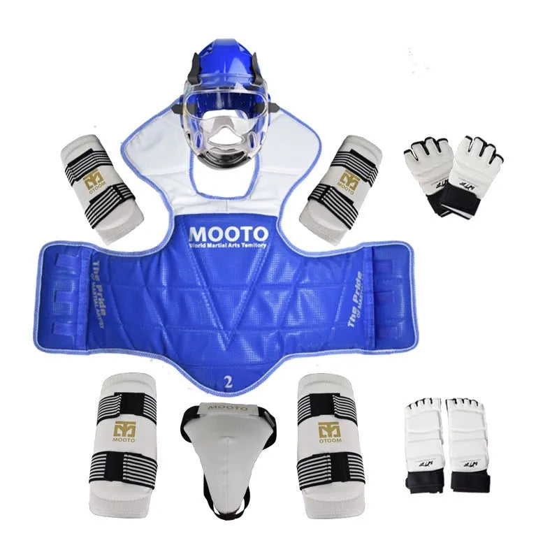 Taekwondo protective gear complete set with thickened padding, red and blue options, sizes 110-190cm