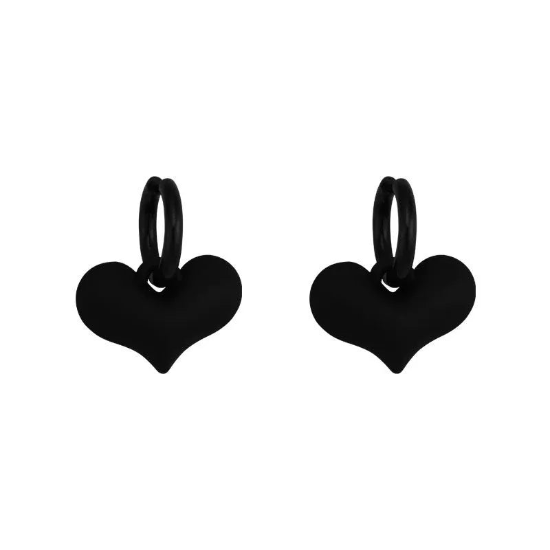 Black heart earrings with glass inlay in Korean love heart style, one pair