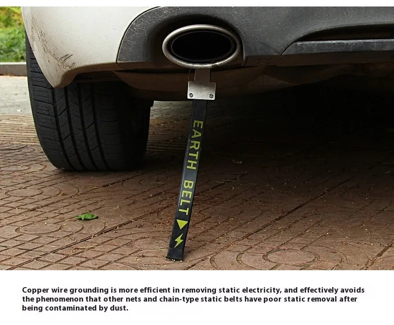 Black car electrostatic grounding strap, 370mm long, for dissipating static electricity from vehicles.