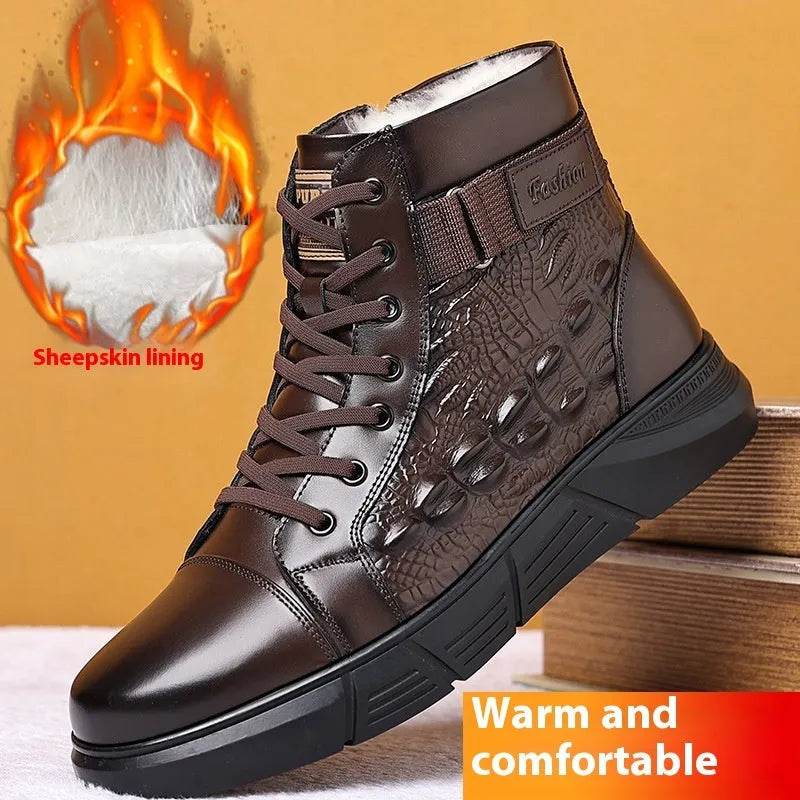 Genuine leather snow boots with fur lining and lace-up front in black or brown