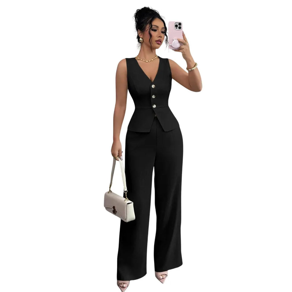 Women's black sleeveless vest and high waist trousers two-piece set in Japanese Korean casual style