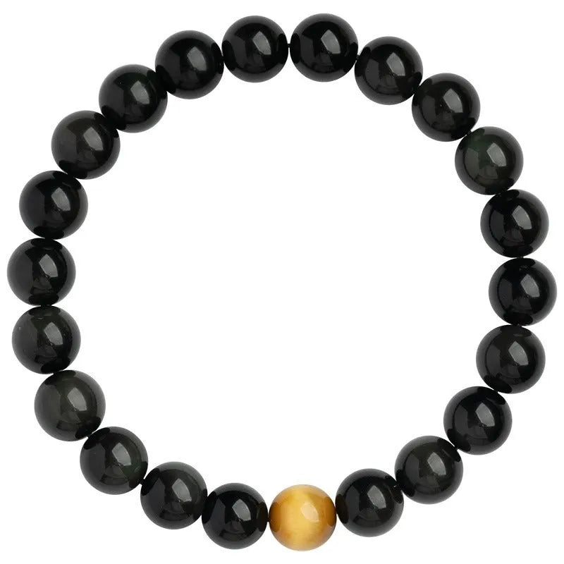 Black obsidian bracelet with 10mm geometric beads in Korean luxury style