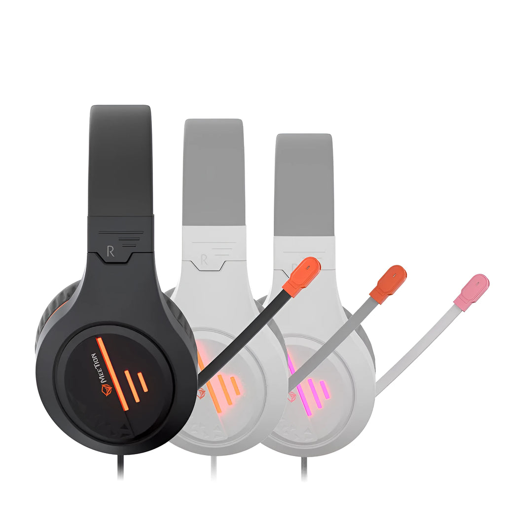 Lightweight wired gaming headset with adjustable headband and backlit speakers in black orange colour