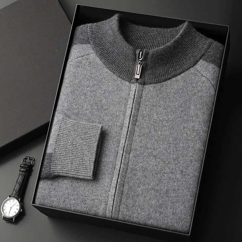 Men's cashmere wool blend sports cardigan suit with half turtleneck zipper top and matching trousers