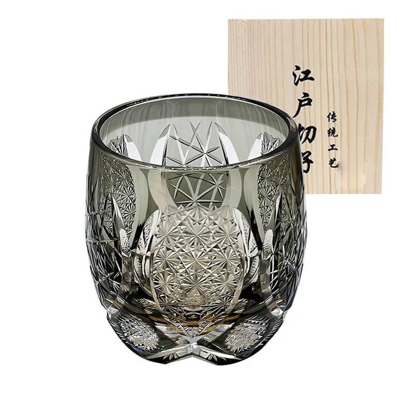 Japanese-style Edo crystal glass whisky tumbler with amber flash cut design in wooden box