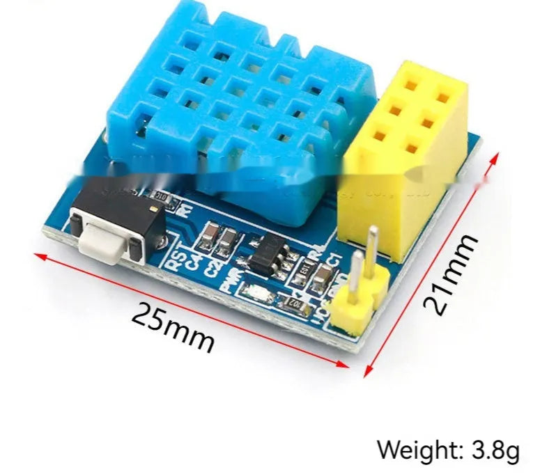 Compact DHT11 WiFi node module for temperature and humidity sensing, measuring 25mm by 21mm.