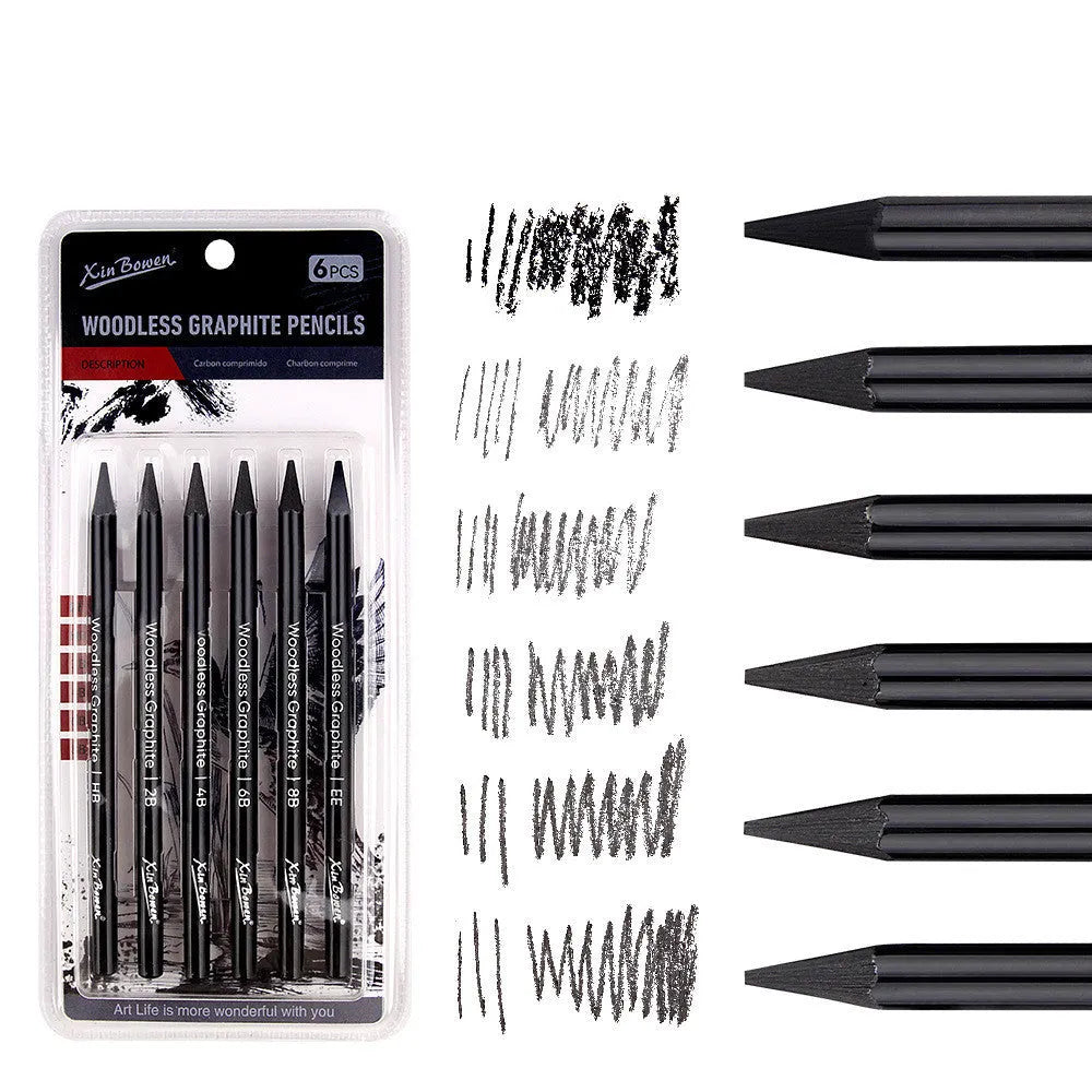 Set of six graphite sketching pencils in grades HB 2B 4B 6B 8B EE for art drawing.