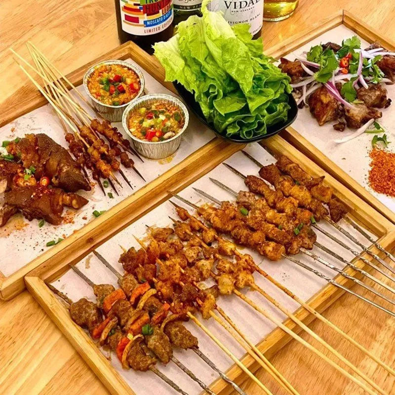 Square bamboo serving tray with brown handle in solid colour, suitable for hotels and cafes.