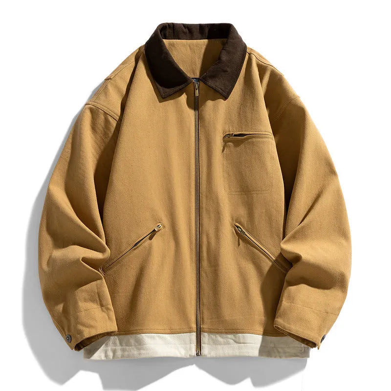 Korean style loose men's jacket with contrast lapels and side pockets in olive green.
